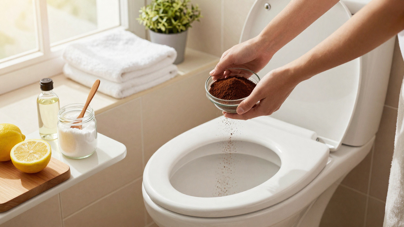 Person sprinkling coffee grounds into a toilet bowl with lemon, vinegar, and baking soda nearby for cleaning.