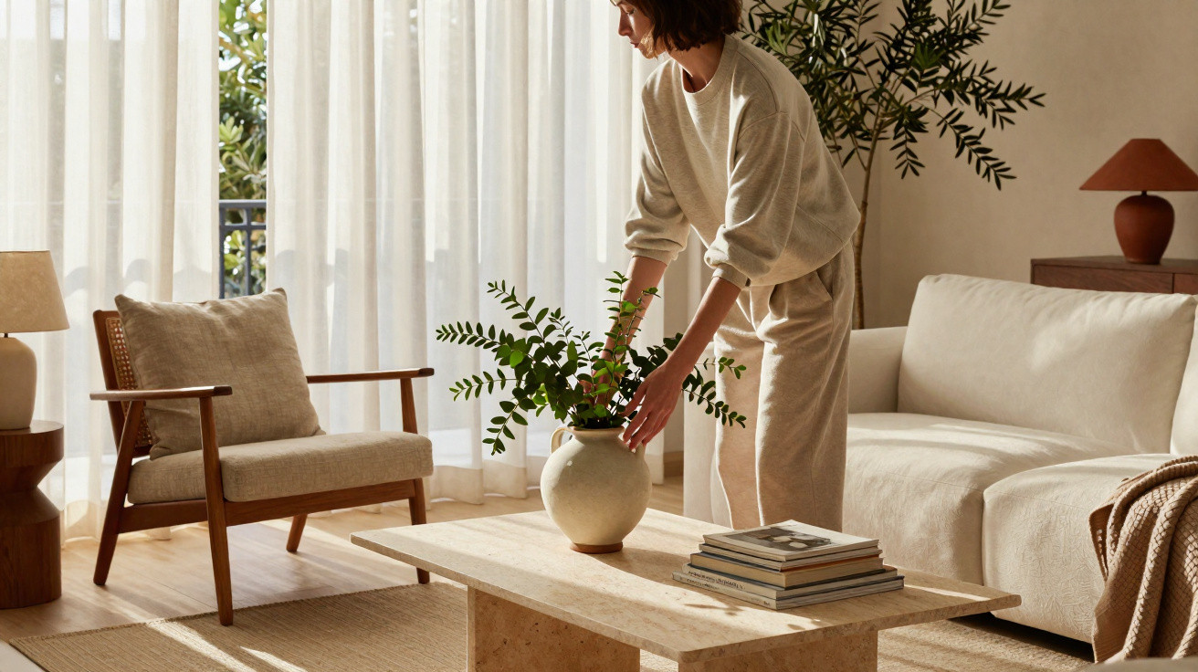 Person arranging green leafy branches in a beige vase on a wooden coffee table in a cozy living room.