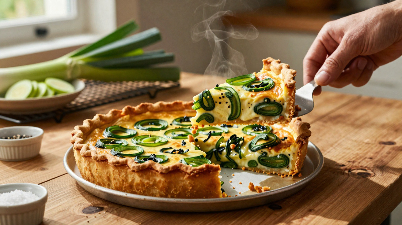 Hand lifting a steaming slice of green onion quiche from a round pie on a wooden table.