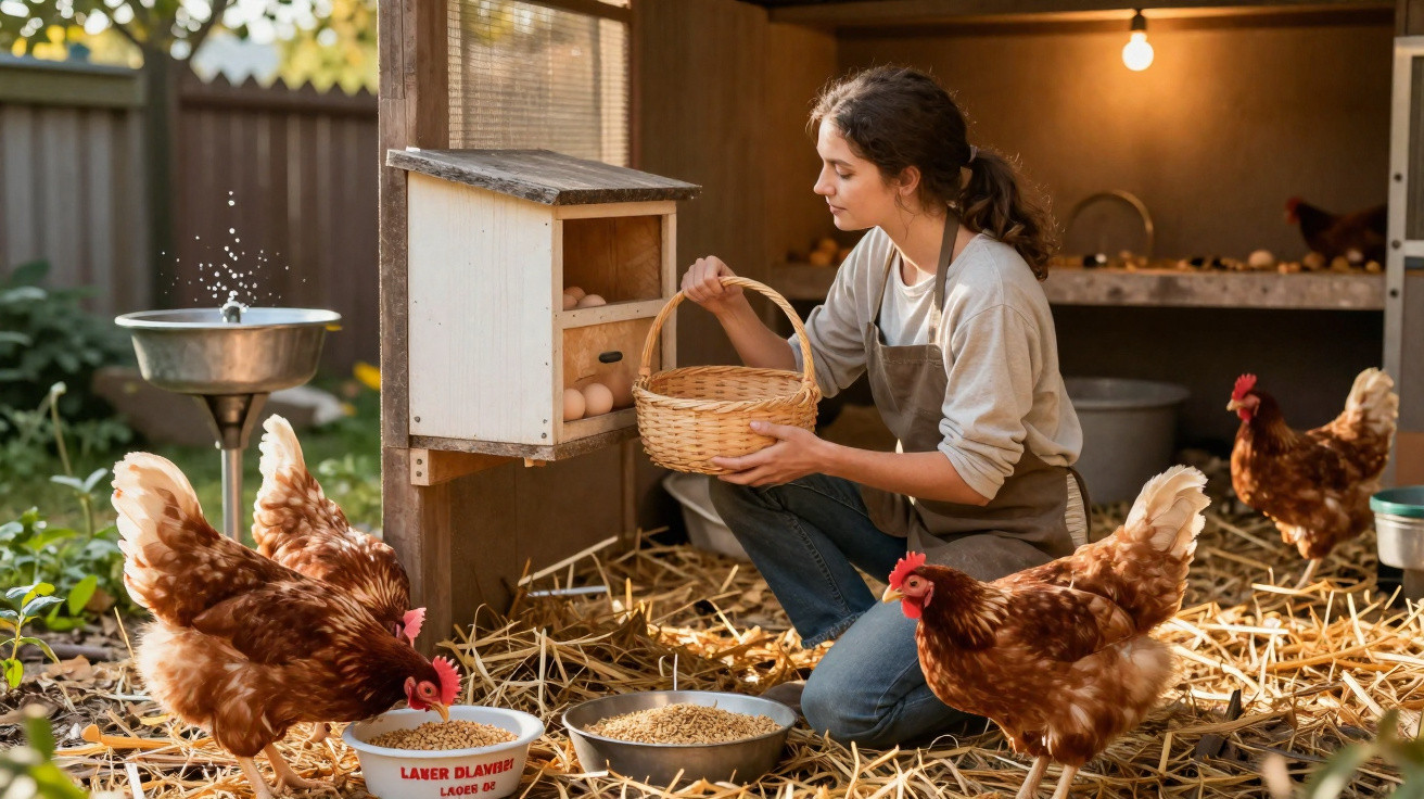 Woman collecting eggs in a basket from a wooden nesting box while brown hens eat feed inside a chicken coop.