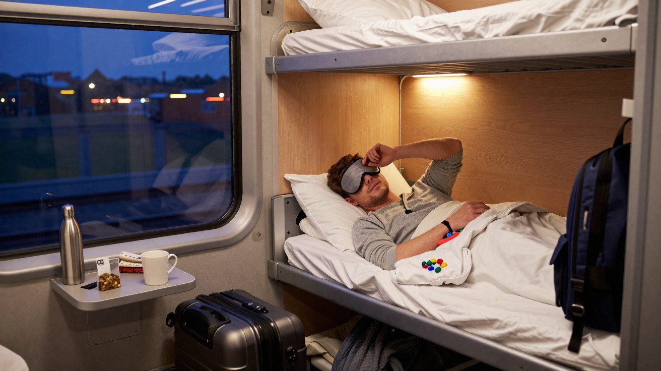 Man wearing a sleep mask lying in a bunk bed on a night train compartment at dusk.