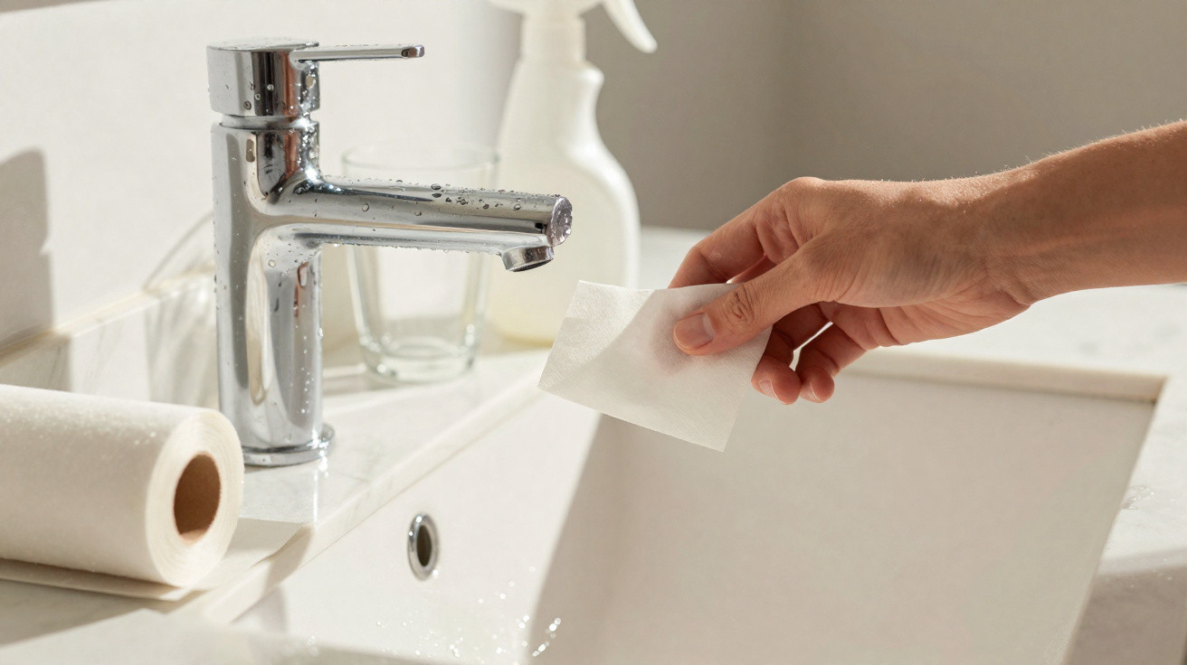 Hand holding a wet wipe over a white sink with a chrome faucet and paper towel roll on the side.