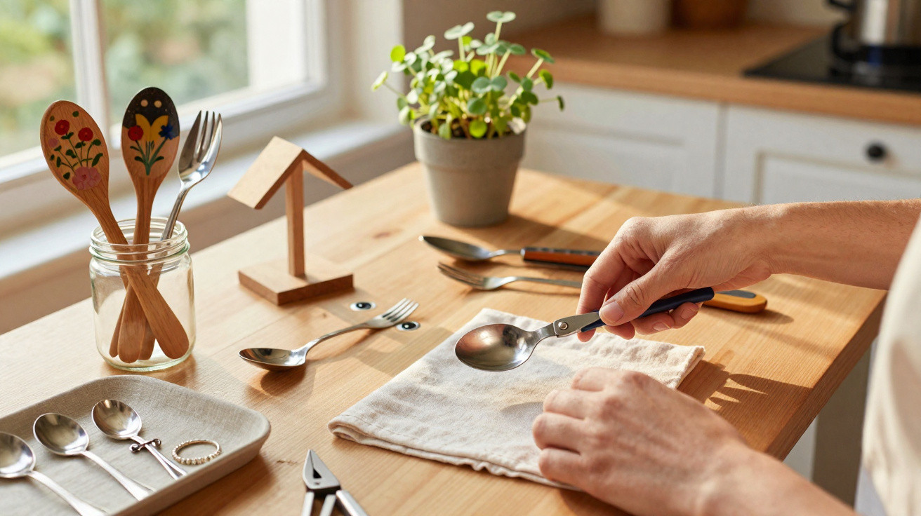 Person holding a spoon over a cloth on a wooden table with cutlery and a potted plant nearby.