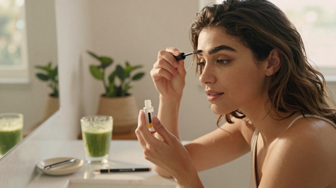 Young woman applying eyebrow serum while sitting at a vanity table with plants and a green drink nearby.