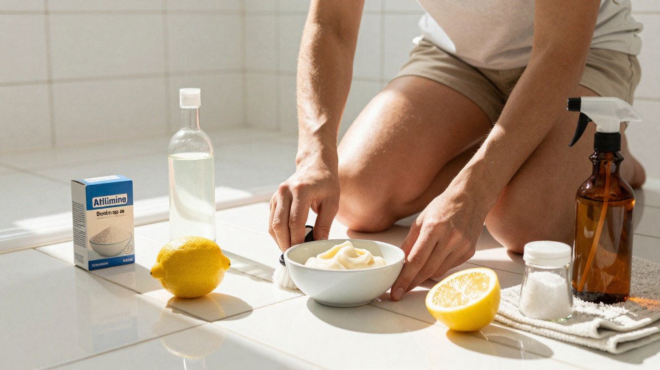Person kneeling by natural skincare ingredients including lemon, cream, powder, and spray bottle on tiled floor.