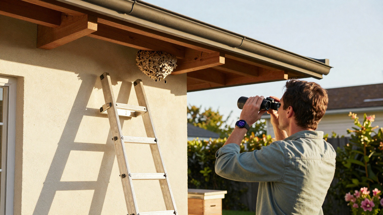 Man using binoculars to observe a wasp nest under a house roof with a ladder leaning against the wall.