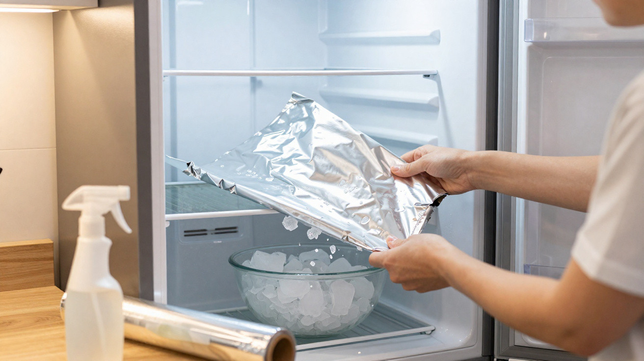 Person covering a bowl of ice cubes inside a refrigerator with aluminium foil on a kitchen countertop.