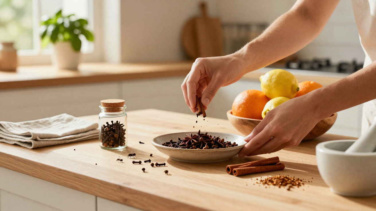 Hands sprinkling dried cloves onto a plate on a wooden kitchen counter with citrus fruit and cinnamon sticks nearby