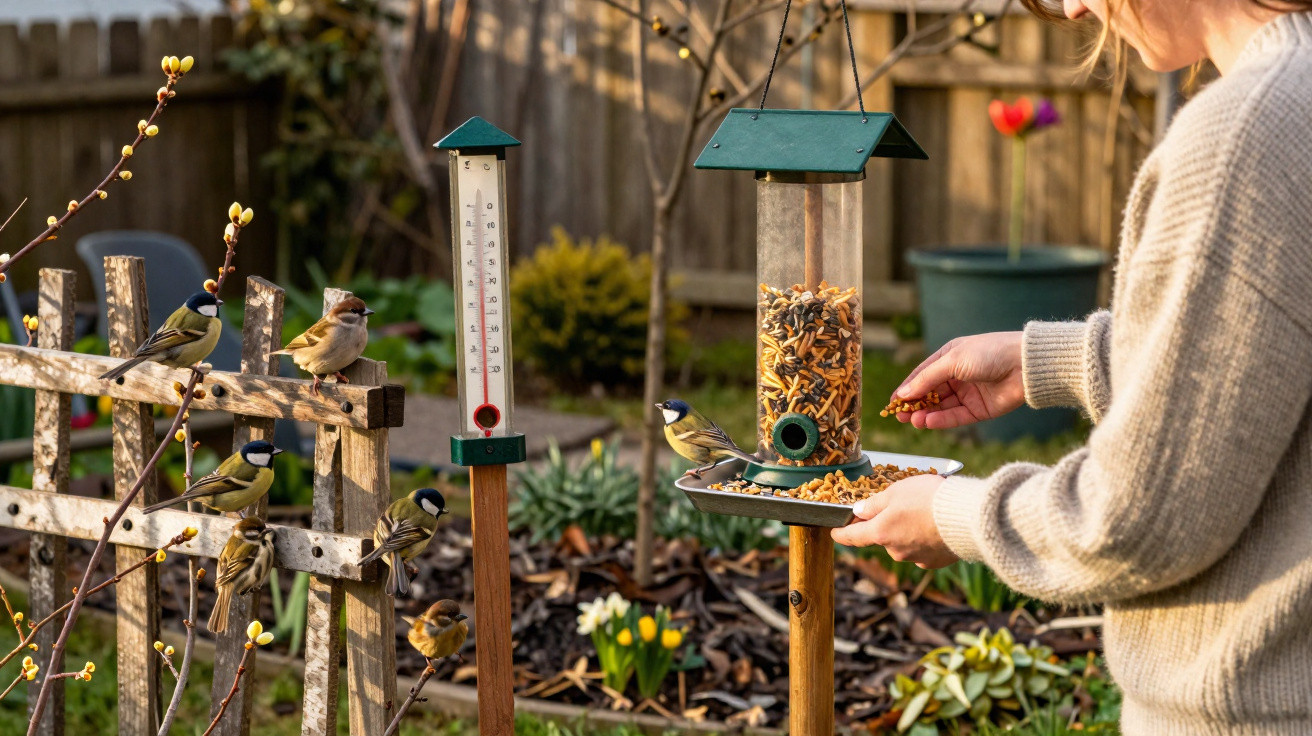Person feeding small birds at a seed-filled bird feeder in a garden with wooden fence and plants.
