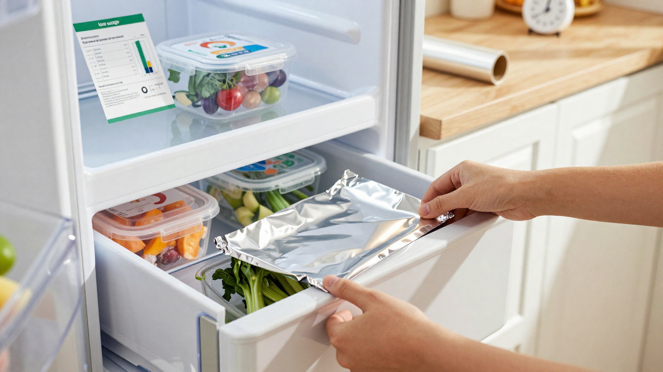 Person placing foil-covered dish in a fridge drawer filled with fresh vegetables and plastic containers.