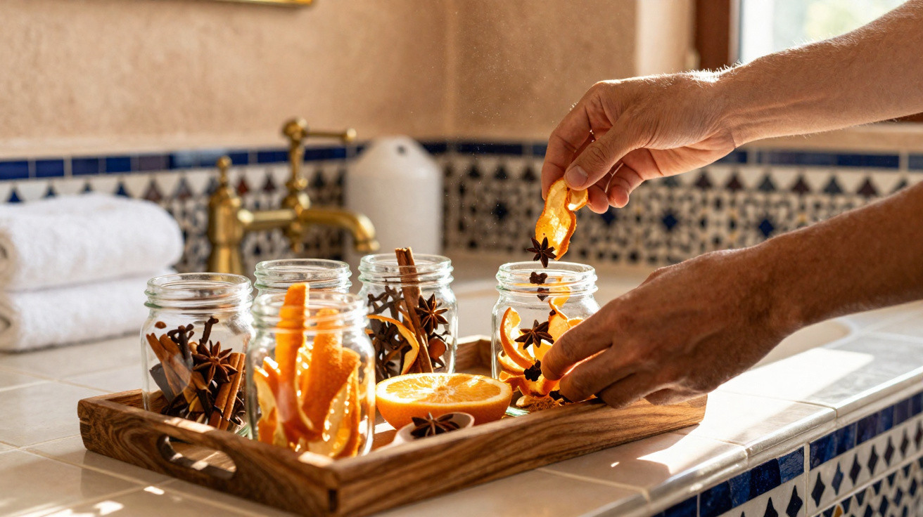 Hands placing dried orange slices with star anise and cinnamon sticks into jars on a wooden tray in a kitchen.
