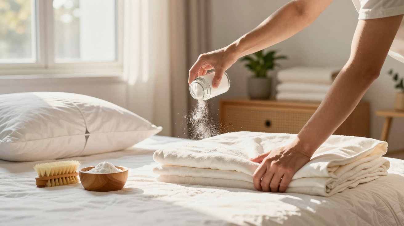 Person sprinkling powder on folded white laundry on a bed with natural light in a tidy room.