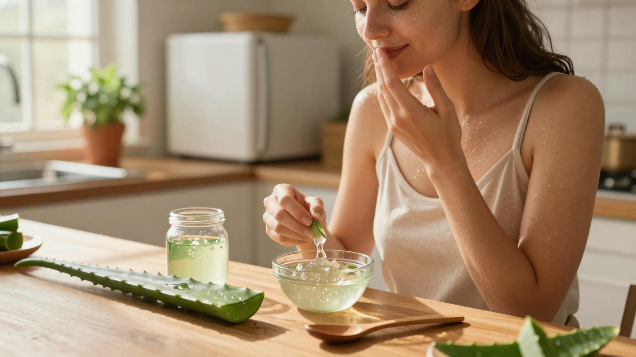 Woman applying aloe vera gel on her face, sitting at a wooden kitchen table with aloe leaves and gel bowl.