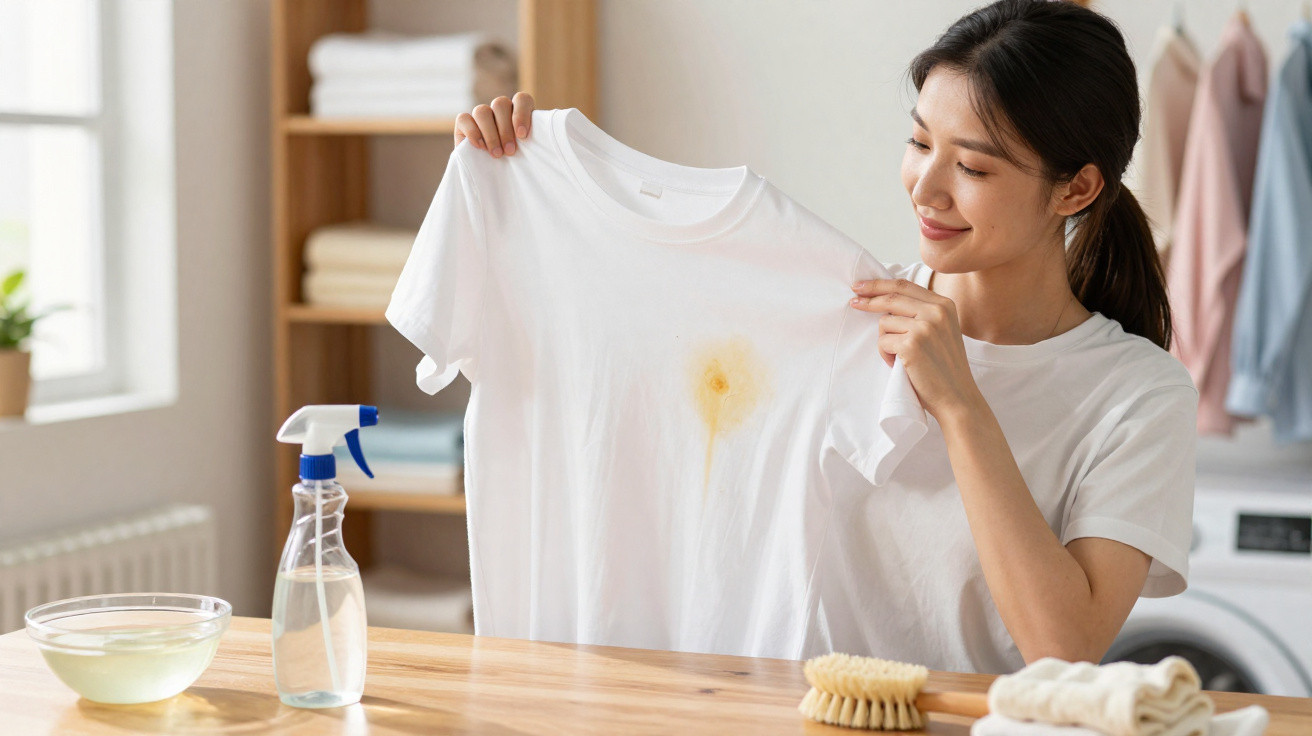 Woman holding a white t-shirt with a yellow stain, preparing to clean it with household cleaning supplies.